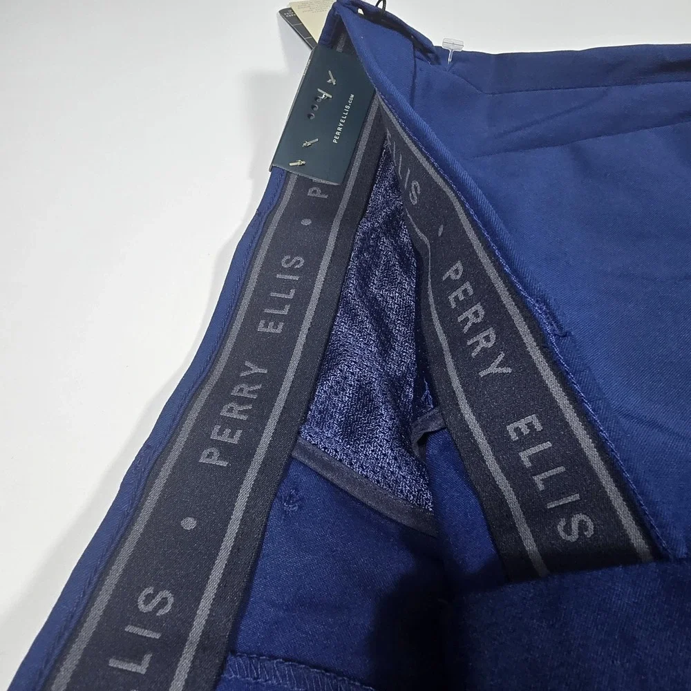 Perry Ellis Travel Luxe Slim Straight Dress Pants 40x32 Estate Blue NWT Flex